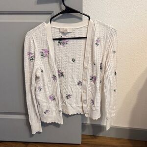 LOFT White Cardigan with Purple Floral Embroidery